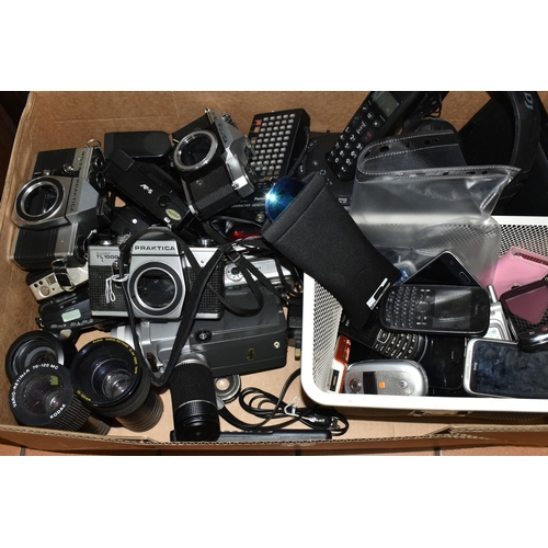 569 - ONE BOX OF VINTAGE CAMERAS AND MOBILE PHONES, to include a Fujica ST605N camera, Praktica super TL10... 