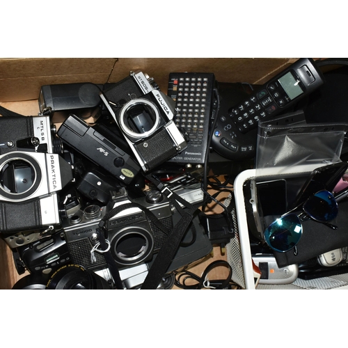 569 - ONE BOX OF VINTAGE CAMERAS AND MOBILE PHONES, to include a Fujica ST605N camera, Praktica super TL10... 