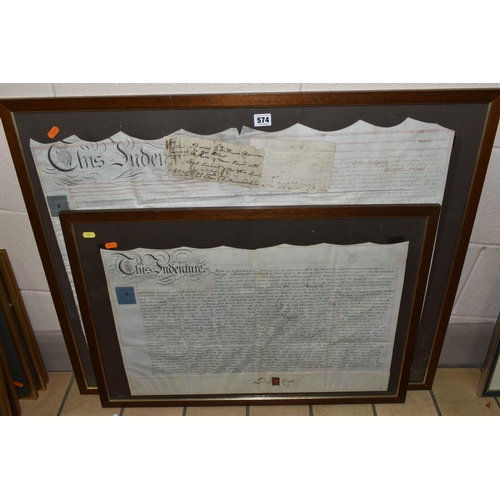 574 - TWO LATE FRAMED 19TH CENTURY INDENTURES, the larger dated 1822, the smaller dated 1829, both have th... 