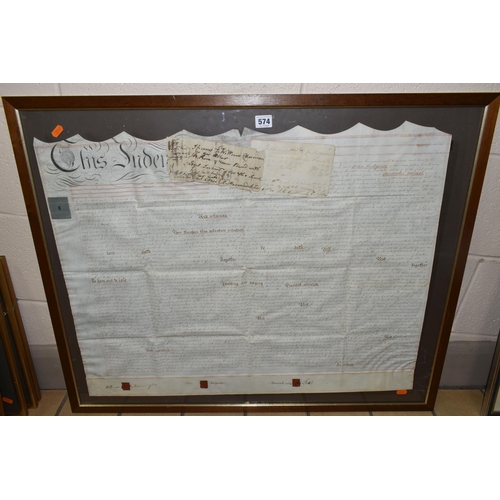 574 - TWO LATE FRAMED 19TH CENTURY INDENTURES, the larger dated 1822, the smaller dated 1829, both have th... 