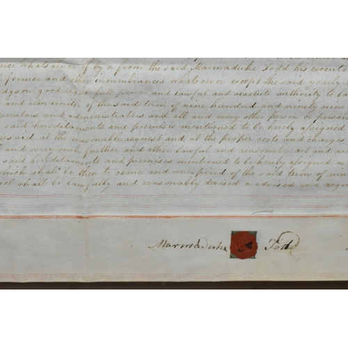 574 - TWO LATE FRAMED 19TH CENTURY INDENTURES, the larger dated 1822, the smaller dated 1829, both have th... 