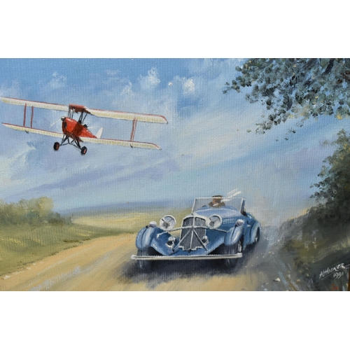 576 - SEVEN PAINTINGS AND PRINTS, comprising a Howard Hooker oil on board depicting a vintage sports car r... 