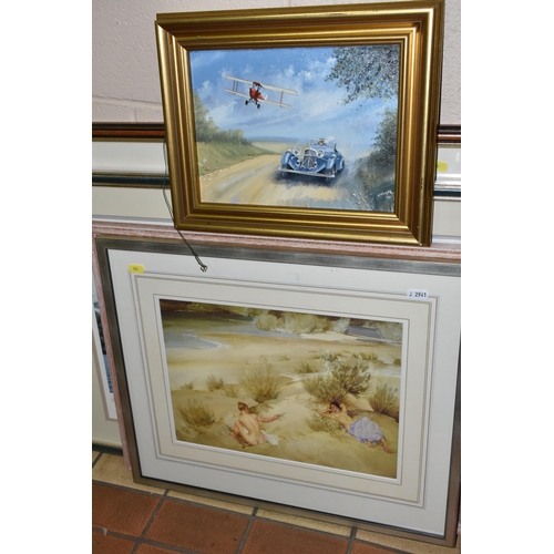 576 - SEVEN PAINTINGS AND PRINTS, comprising a Howard Hooker oil on board depicting a vintage sports car r... 