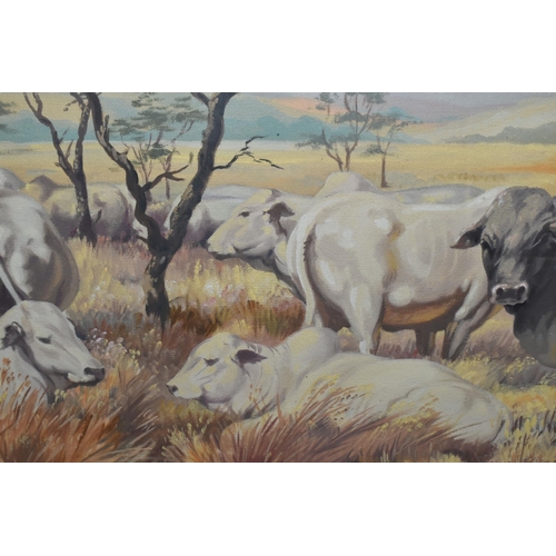 579 - ROBERT LEWIS McClellan-SIM (1907-1985) AN AFRICAN LANDSCAPE, Boran cattle to the foreground with Mou... 