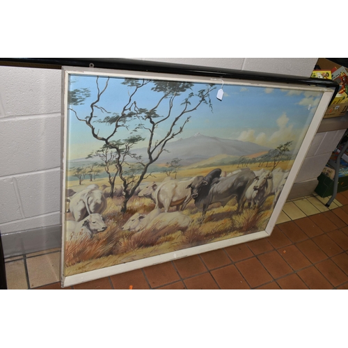 579 - ROBERT LEWIS McClellan-SIM (1907-1985) AN AFRICAN LANDSCAPE, Boran cattle to the foreground with Mou... 