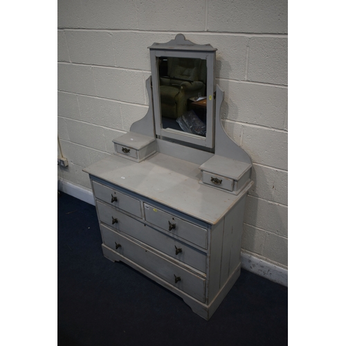 1249 - A GREY PAINTED PINE DRESSING CHEST, with a single swing mirror, six various drawers, width 96cm x de... 