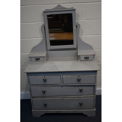 1249 - A GREY PAINTED PINE DRESSING CHEST, with a single swing mirror, six various drawers, width 96cm x de... 