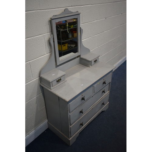 1249 - A GREY PAINTED PINE DRESSING CHEST, with a single swing mirror, six various drawers, width 96cm x de... 