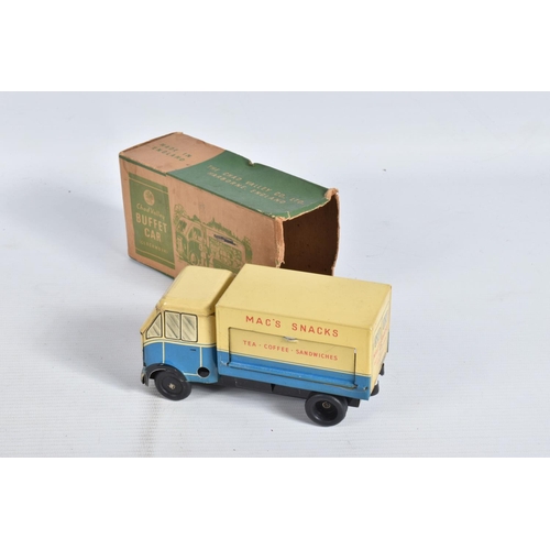 35 - A BOXED CHAD VALLEY TINPLATE CLOCKWORK BUFFET CAR, No.10134, blue and cream lithographed livery with... 