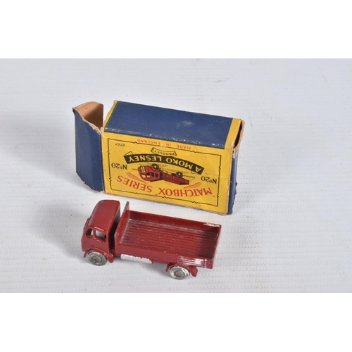 36 - FOUR BOXED LESNEY MATCHBOX DIE-CAST VEHICLES, to include a B.P. Tanker, number 25, white tank, yello... 