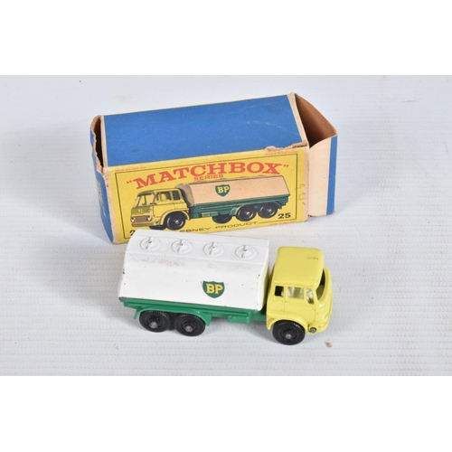 36 - FOUR BOXED LESNEY MATCHBOX DIE-CAST VEHICLES, to include a B.P. Tanker, number 25, white tank, yello... 