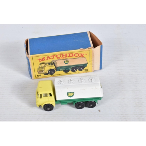 36 - FOUR BOXED LESNEY MATCHBOX DIE-CAST VEHICLES, to include a B.P. Tanker, number 25, white tank, yello... 