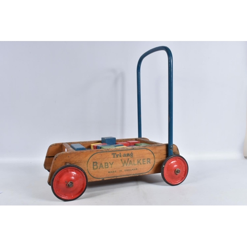 42 - A TRI-ANG BABY WALKER, wooden construction with red painted wheels and black tyres, blue handle with... 