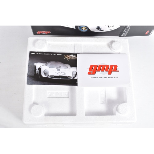 7 - A BOXED LIMITED EDITION GMP NART FERRARI 412 P 1:18 MODEL VEHICLE, numbered G1804114, white painted ... 