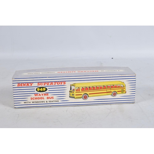 56 - A BOXED DINKY SUPERTOYS WAYNE SCHOOL BUS, No.949, version with red lines and bumper, complete but ha... 