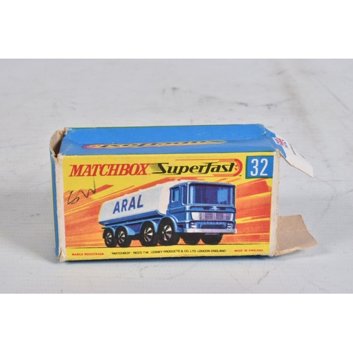 58 - A BOXED MATCHBOX SUPERFAST DIE-CAST ARAL TANKWAGEN, no.32, blue body with white tank, signed Aral to... 