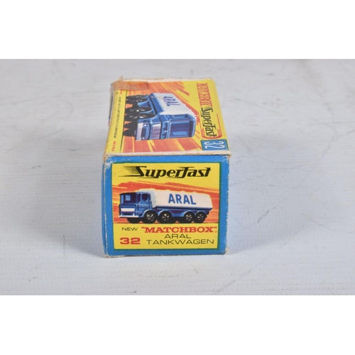 58 - A BOXED MATCHBOX SUPERFAST DIE-CAST ARAL TANKWAGEN, no.32, blue body with white tank, signed Aral to... 