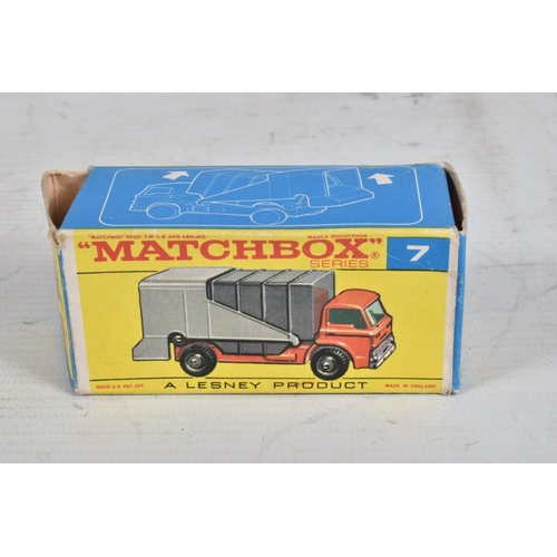 60 - FOUR BOXED MATCHBOX SERIES DIE-CAST MODEL VEHICLES, the first is a Ford Refuse Truck no.7, red body ... 