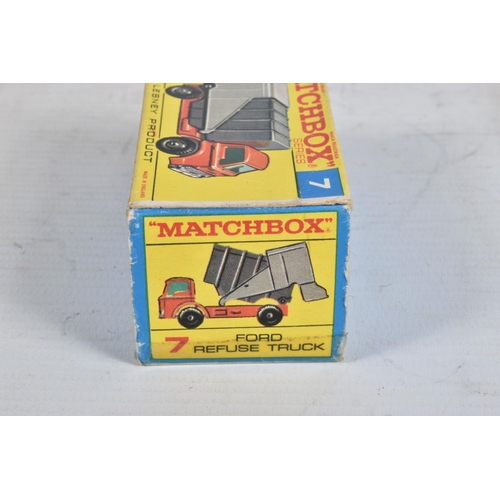 60 - FOUR BOXED MATCHBOX SERIES DIE-CAST MODEL VEHICLES, the first is a Ford Refuse Truck no.7, red body ... 