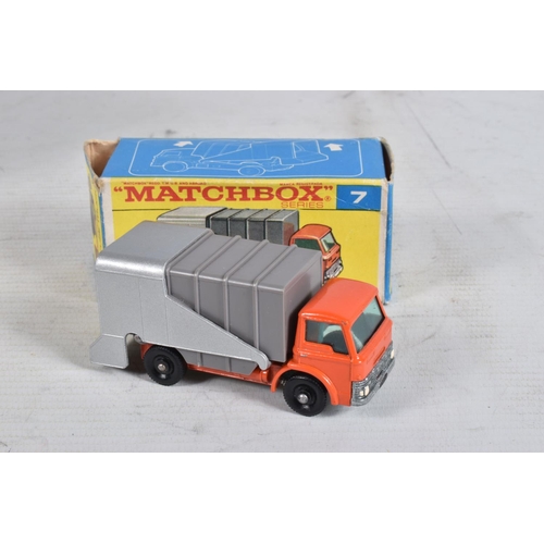 60 - FOUR BOXED MATCHBOX SERIES DIE-CAST MODEL VEHICLES, the first is a Ford Refuse Truck no.7, red body ... 