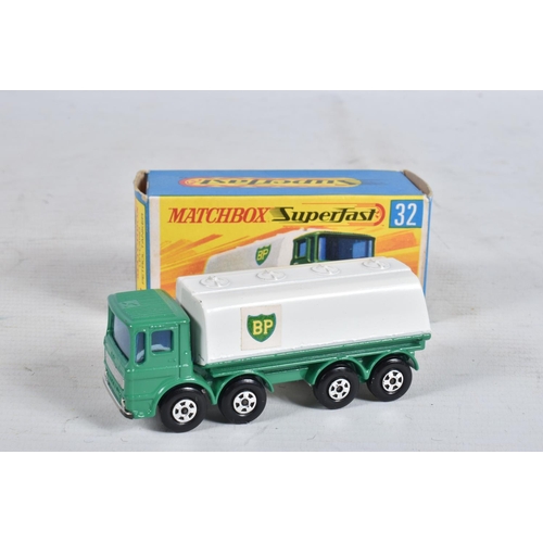 61 - FIVE BOXED MATCHBOX SUPERFAST DIE-CAST MODELS, the first a Leyland Petrol Tanker no.32, green body w... 