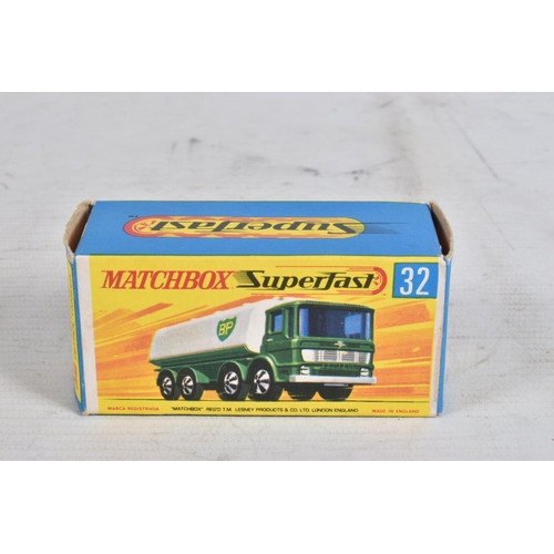 61 - FIVE BOXED MATCHBOX SUPERFAST DIE-CAST MODELS, the first a Leyland Petrol Tanker no.32, green body w... 