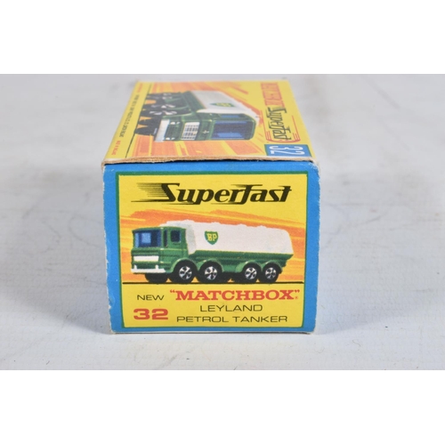 61 - FIVE BOXED MATCHBOX SUPERFAST DIE-CAST MODELS, the first a Leyland Petrol Tanker no.32, green body w... 