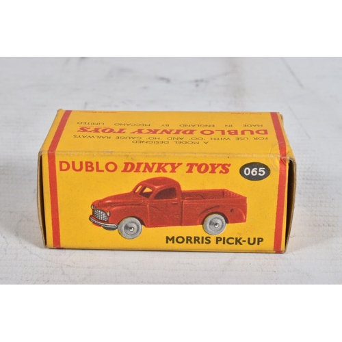 63 - FOUR BOXED DUBLO DINKY DIECAST VEHICLES, Commer Van, No.063, Morris Pick-Up, No.065, Morris Royal Ma... 