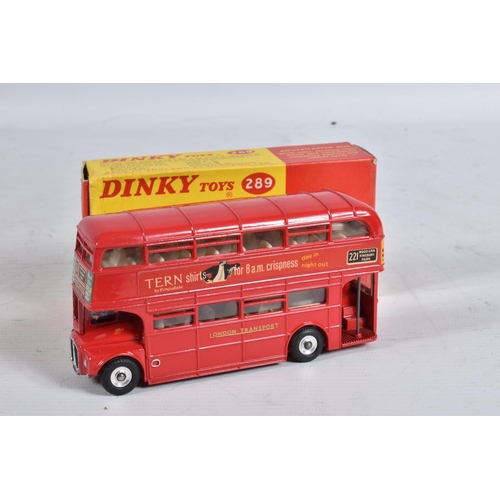 66 - TWO BOXED DINKY TOYS A.E.C. ROUTEMASTER BUS MODELS, No.289, both are the version with 'Tern Shirts' ... 