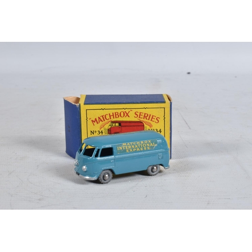 68 - THREE BOXED MATCHBOX SERIES MOKO LESNEY DIE-CAST MODELS, the first a Volkswagen Microvan no. 34, blu... 