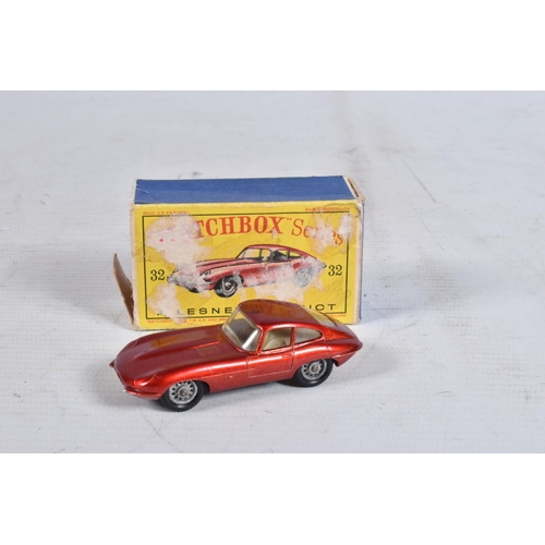 69 - THREE MATCHBOX SERIES MODEL VEHICLES, to include a 'E' Type Jaguar no.32, in metallic red, wear to t... 