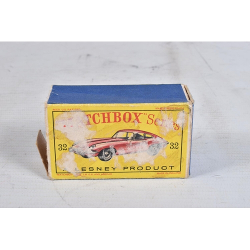 69 - THREE MATCHBOX SERIES MODEL VEHICLES, to include a 'E' Type Jaguar no.32, in metallic red, wear to t... 