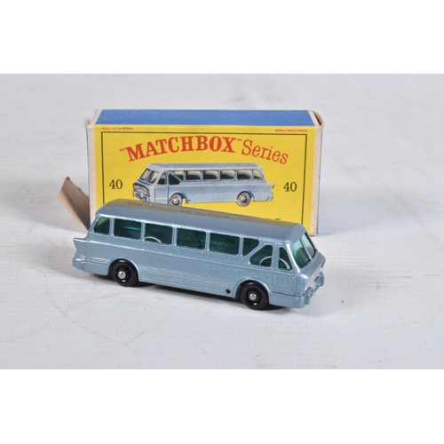 73 - SEVEN BOXED MATCHBOX DIE-CAST MODELS, the first is a Long Distance Coach no.40 in metallic blue, bla... 