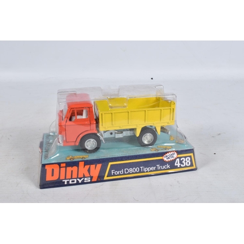 102 - THREE BOXED DINKY TOYS MODEL DIE-CAST VEHICLES, the first a Ford D800 Tipper Truck 438, orange cab w... 