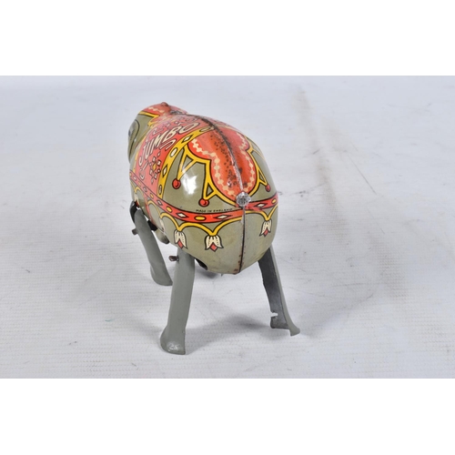 98 - A BOXED MOKO JUMBO THE WALKING ELEPHANT WIND UP TIN PLATE TOY, grey body with a decorative faded red... 