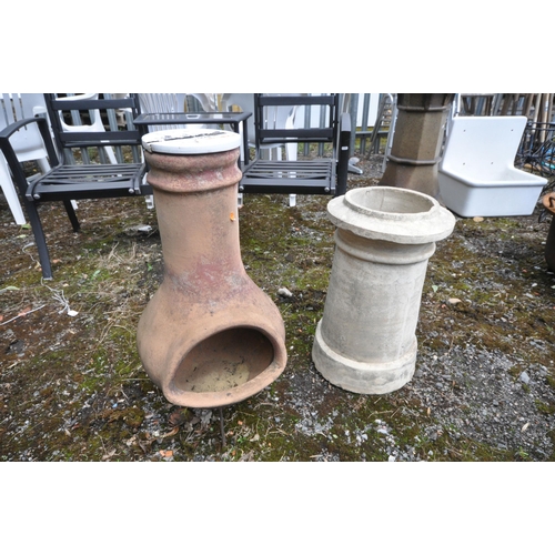1008 - A VINTAGE TERRACOTTA CHIMINEA, with a painted lid on a wire stand, diameter 40cm x height 74cm, and ... 
