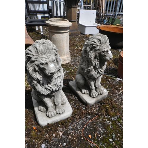 1009 - A PAIR OF COMPOSITE SEARED GARDEN LIONS, height 58cm
