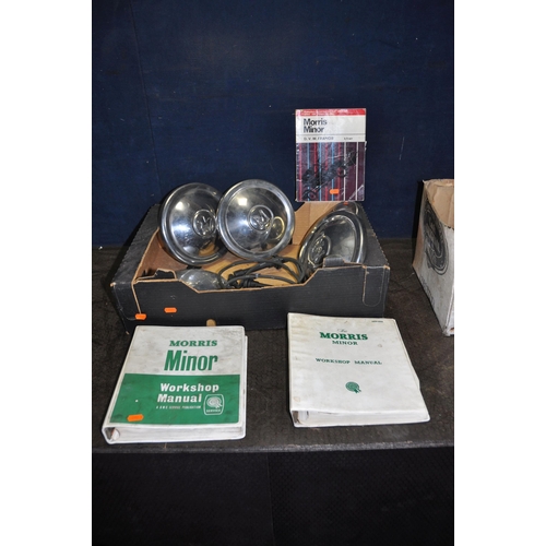 1052 - MORRIS MINOR ACCESSORIES comprising of four 9in chromed hub caps with 'M' to centre, an Austin 8 1/2... 