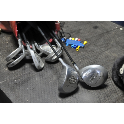 1062 - A VINTAGE GOLF BAG CONTAINING NINE HIPPO IRONS and two drivers by Fazer and Progen