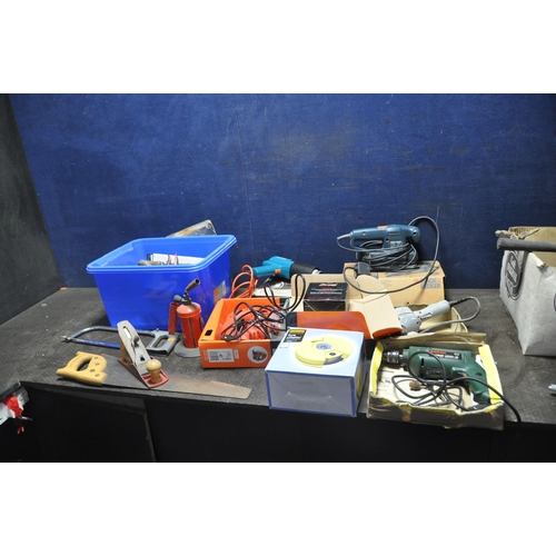 1063 - A BOX OF TOOLS AND FIVE POWER TOOLS including a Bosch PSB 400-2 drill, a Black and Decker KS888E jig... 