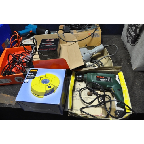 1063 - A BOX OF TOOLS AND FIVE POWER TOOLS including a Bosch PSB 400-2 drill, a Black and Decker KS888E jig... 