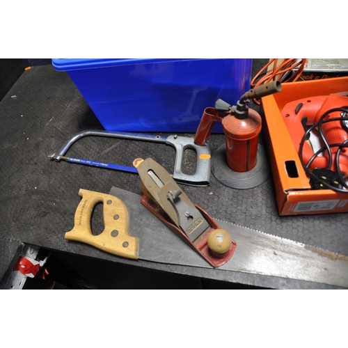 1063 - A BOX OF TOOLS AND FIVE POWER TOOLS including a Bosch PSB 400-2 drill, a Black and Decker KS888E jig... 