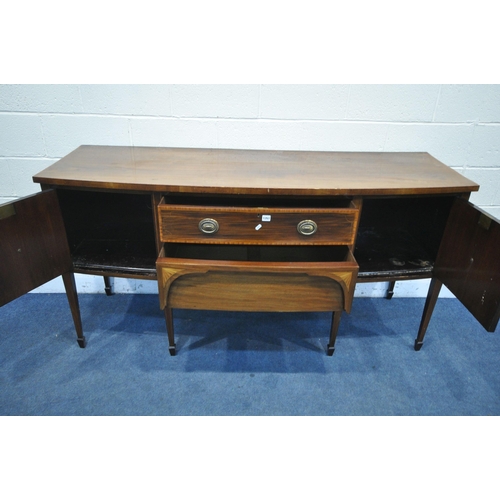 1200 - A DRUCE AND CO MAHOGANY AND INLAID BOW FRONT SIDEBOARD, with two cupboard doors, flanking two drawer... 