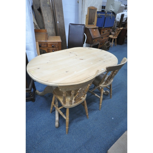 1256 - A PINE KITCHEN TABLE, with rounded ends, length 152cm x depth 98cm x height 74cm, and two beech chai... 