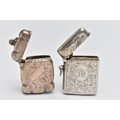 85 - TWO SILVER VESTA CASES, the first of a rectangular form, detailed with acanthus leaves and engraved ... 