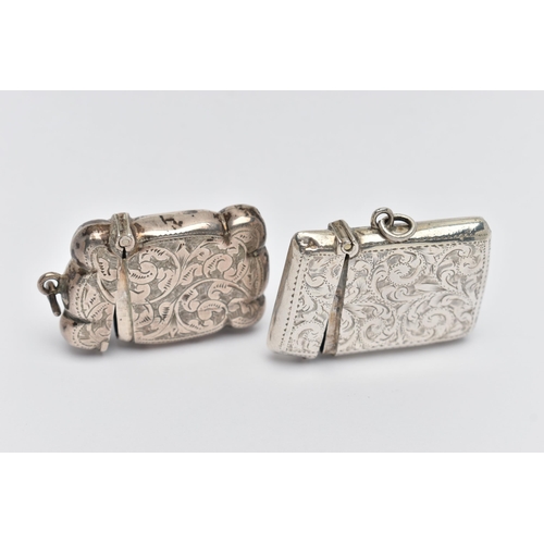 85 - TWO SILVER VESTA CASES, the first of a rectangular form, detailed with acanthus leaves and engraved ... 