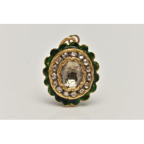 108 - A YELLOW METAL ENAMEL AND DIAMOND SET PENDANT, of an oval form, set with a large central rose cut di... 
