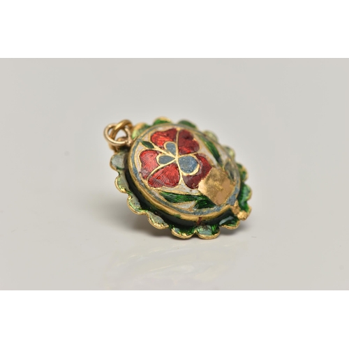 108 - A YELLOW METAL ENAMEL AND DIAMOND SET PENDANT, of an oval form, set with a large central rose cut di... 