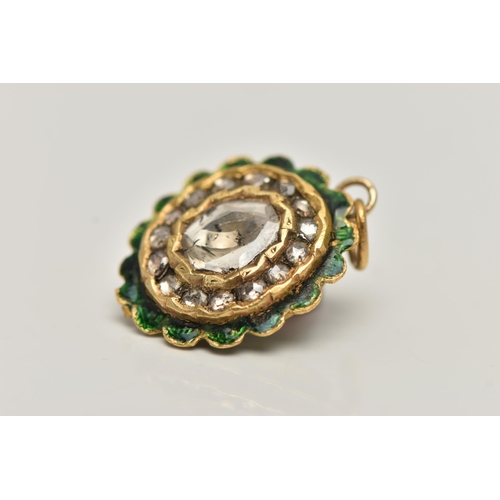 108 - A YELLOW METAL ENAMEL AND DIAMOND SET PENDANT, of an oval form, set with a large central rose cut di... 