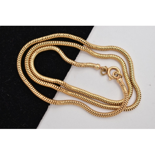 109 - A 9CT GOLD SNAKE CHAIN NECKLACE, a yellow gold chain, fitted with a spring clasp, approximate length... 